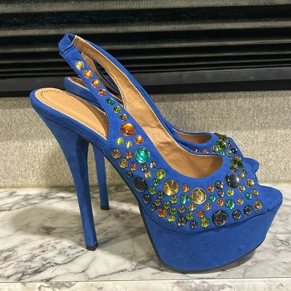 Liliana Women’s Phoebe 2 Heels Rhinestone Peep Toe Platform Slingback Pumps NIB - Picture 3 of 10